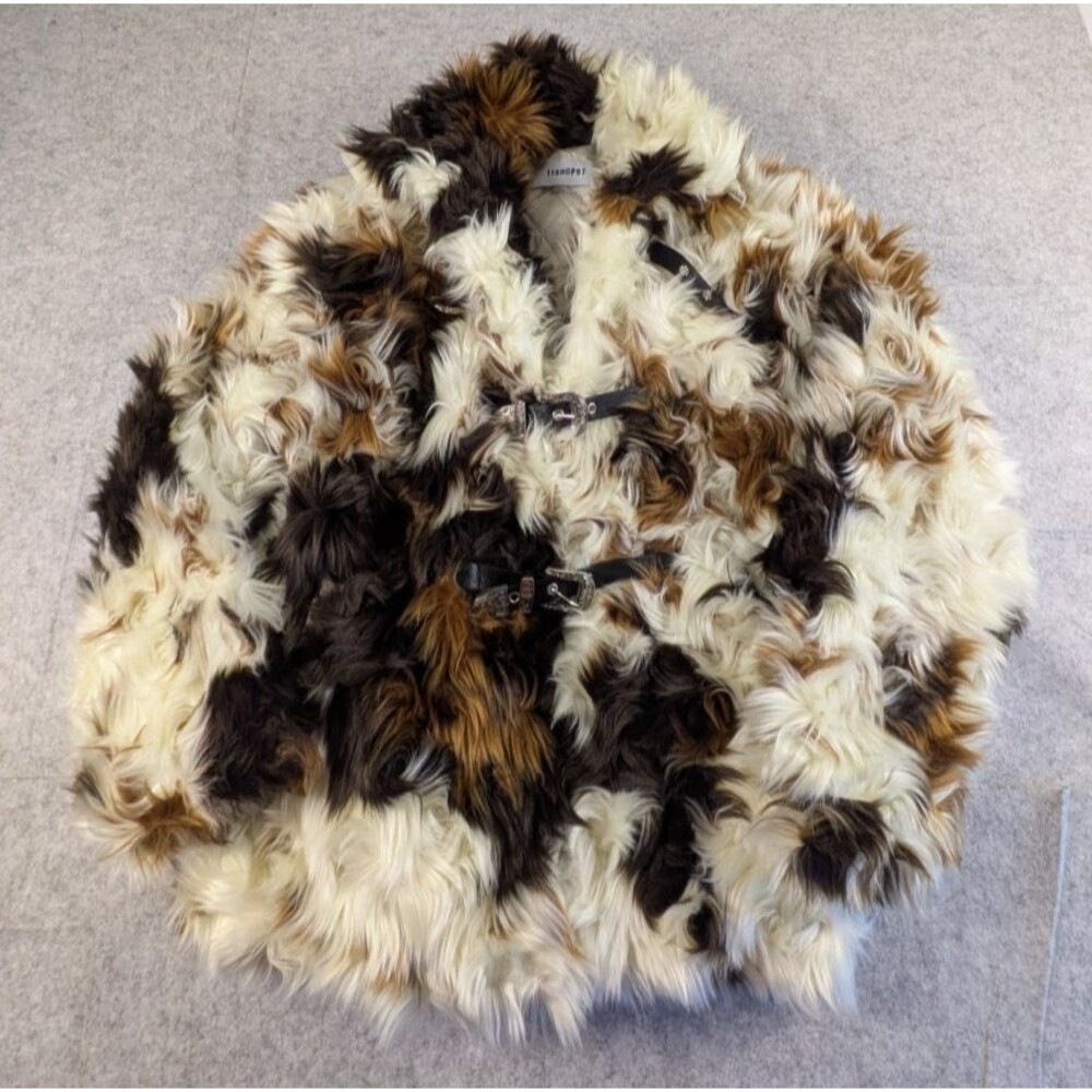 Faux Fur Jacket Cow Dog Animal Print Buckle Strap Closure & Pockets Womens Large
